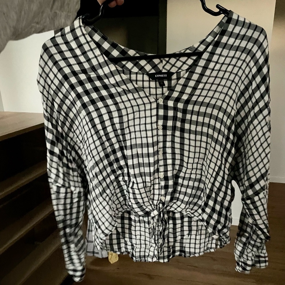 Express Plaid Tie-Front Blouse